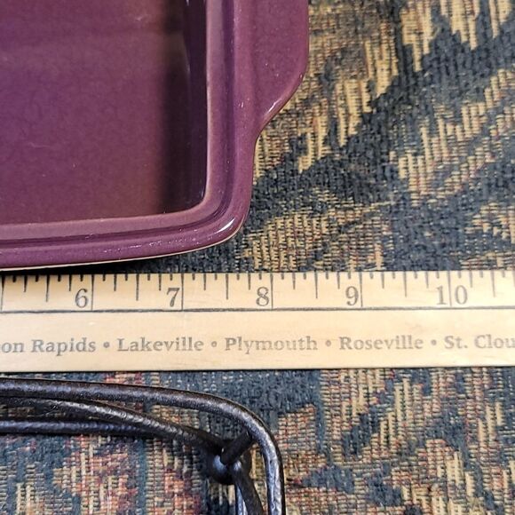 Tastefully Simple Dip Crock Bowl/ Lid Metal Stand Eggplant Serving Dish - Picture 3 of 7